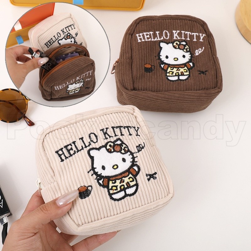 Kawaii Sanrio Hello Kitty ปัก Corduroy กระเป๋าแต่งหน้าขนาดใหญ่ความจุแบบพกพาลิปสติกหูฟังกล่องขนาดเล็กกระเป๋าของขวัญ