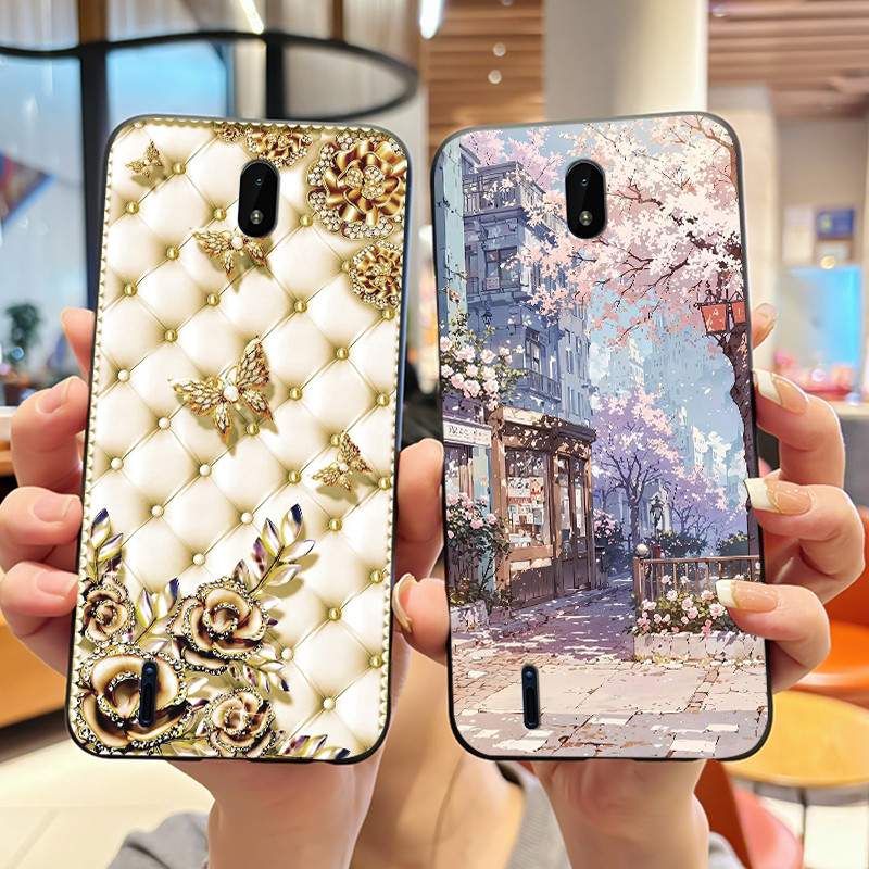 เคสสําหรับ Nokia C01 Plus/Nokia C1 2nd Edition เคสโทรศัพท์สีดําสําหรับ Nokia C2 Soft Anti-Scratch Ink Lotus ภาพวาดรูปแบบ
