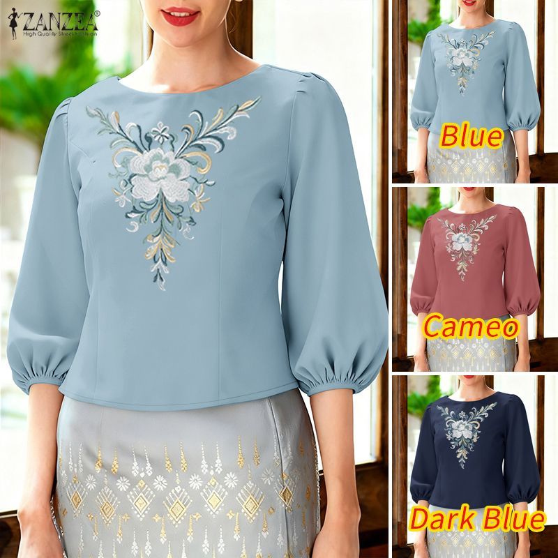 ZANZEA เสื้อแฟชั่นเกาหลีสำหรับผู้หญิง แขน3/4 ติดกระดุม ลายดอกไม้ — صورة 3