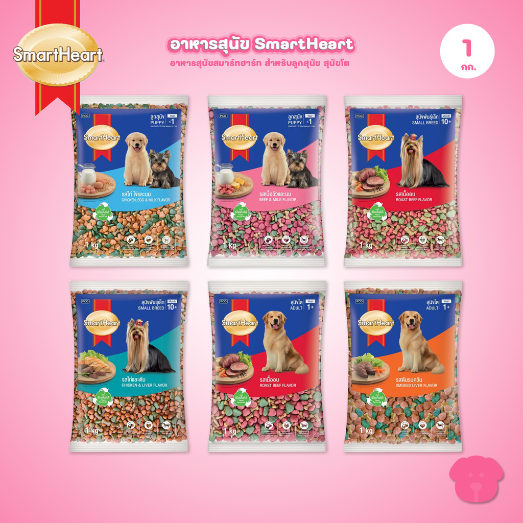 [ถุงแบ่ง 1 กก.] SmartHeart Dog Food อาหารเม็ดสำหรับสุนัข สมาร์ทฮาร์ท สำหรับลูกสุนัข สุนัขโต ถุงแพ็คเกจจากโรงงาน