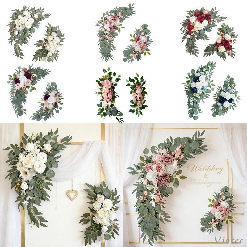 [Viocee] 2 ชิ้นดอกไม้ Swag ฉากหลังงานแต่งงานพวงหรีดโค้งดอกไม้ประดิษฐ์ Swag สําหรับรถยนต์งานแต่งงาน