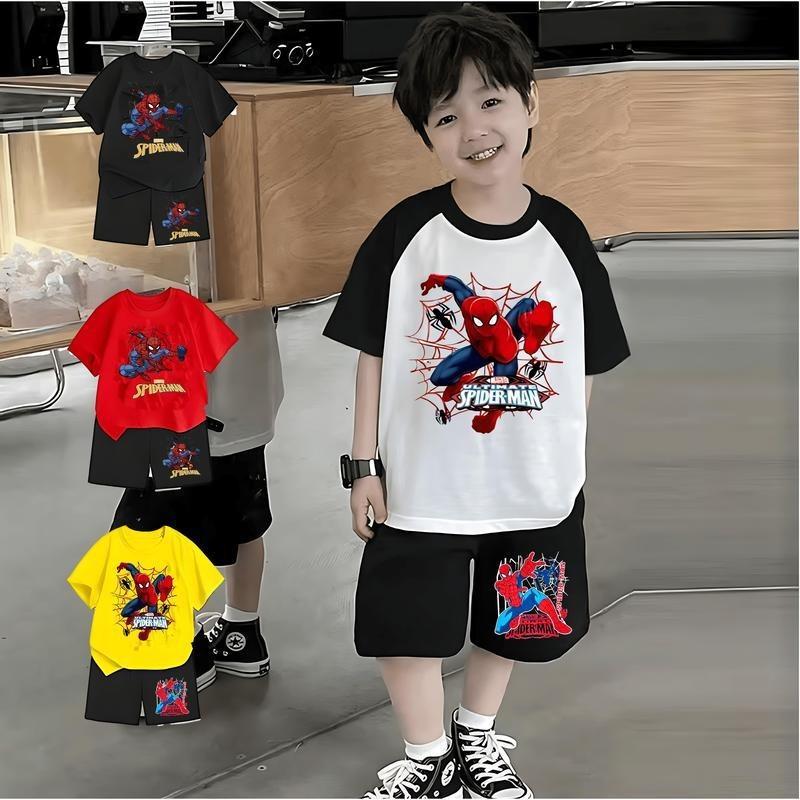 [COD] เด็กชายกีฬา Spider-Man ธีมเด็กฤดูร้อนเสื้อผ้าแขนสั้นเสื้อยืดหล่อสไตล์ตะวันตกกางเกงขาสั้นสองชิ้นอัพเกรดเด็กชายกีฬา