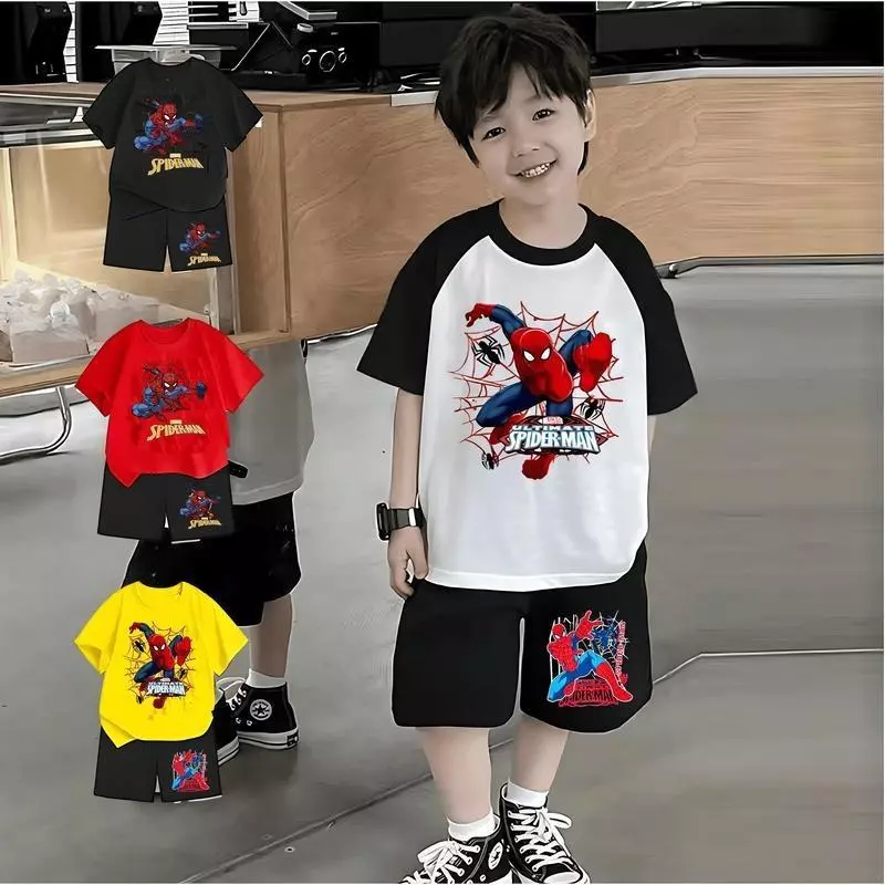 [COD] เด็กชายกีฬา Spider-Man ธีมเด็กฤดูร้อนเสื้อผ้าแขนสั้นเสื้อยืดหล่อสไตล์ตะวันตกกางเกงขาสั้นสองชิ้นอัพเกรดเด็กชายกีฬา