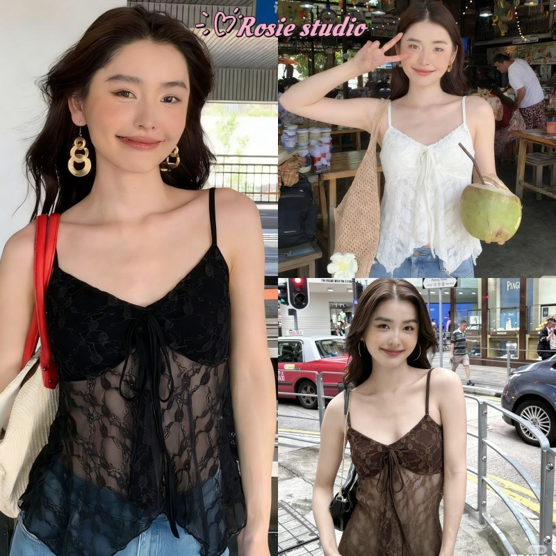 Rosie🧀พร้อมส่ง🎐เสื้อสายเดียวผ้าลูกไมคอวีดีไซน์โบว์เก๋เสริมฟ้องน้ำ เสื้อครอปทรงเข้ารูปสไตล์สาวฮอตเหมาะกับการขุดเที่ยว