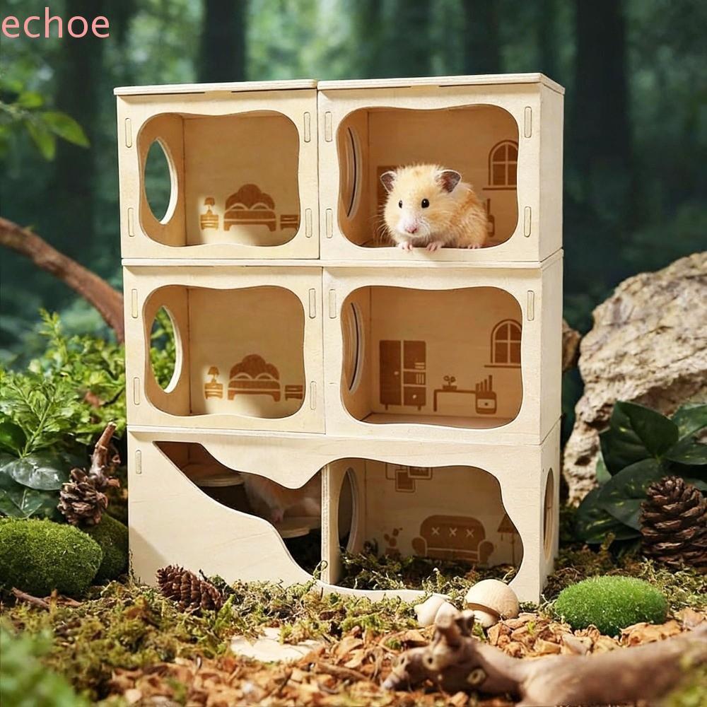 ECHOEDGE บ้านหนูแฮมสเตอร์ไม้, โครงสร้างปีนเขา Stackable Hamster Villa, Dwarf Mouse Tunnel ที่ถอดออกได้ Chew-Proof Mouse Habitat การออกกําลังกาย