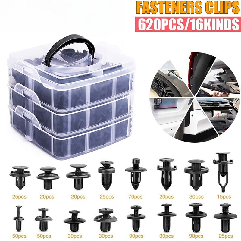 COD หมุดกิ๊บล็อค หมุดกิ๊บล็อคกันชน หมุดพลาสติก หมุดยึดพลาสติก 16 ขนาด 100-620 ชิ้น (แบบกล่อง),ใช้ได้กับรถหลากหลายแบรน์