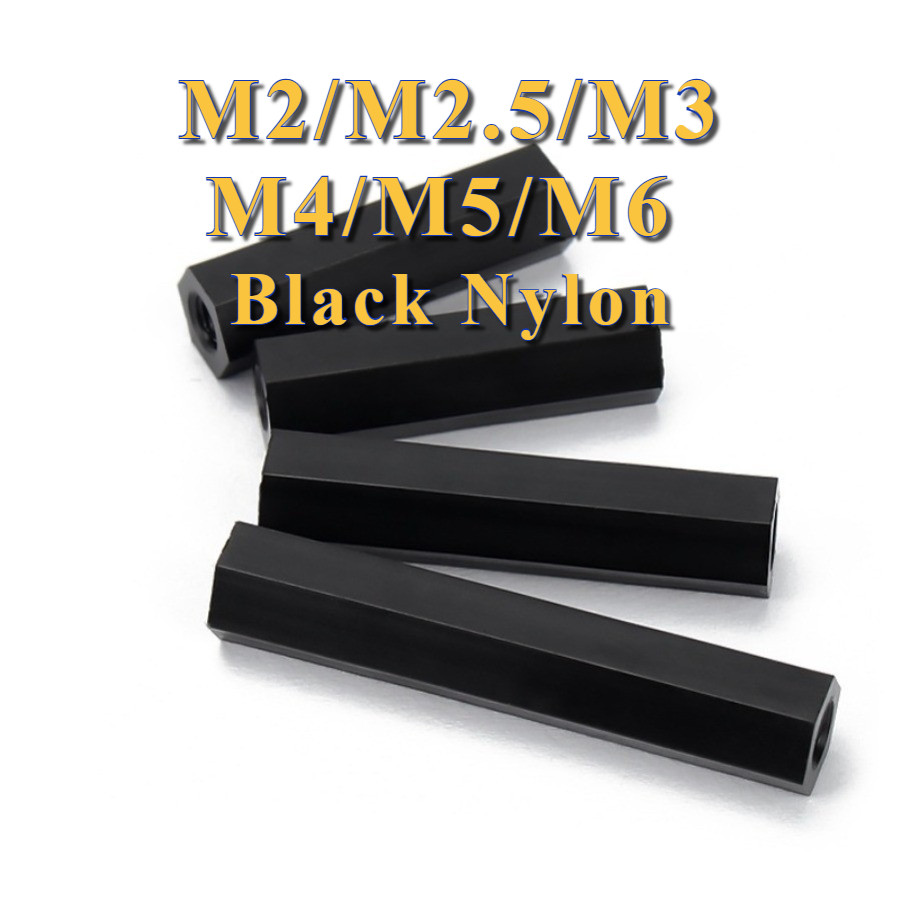 ข้อต่อสตัด หัวน็อต ตัวเมีย ยาว ไนลอน / พลาสติก สีดํา เกลียวมิล หยาบ M2/M2.5/M3/M4/M5/M6 / Hex Connector Coupling Nut Black Nylon M2/M2.5/M3/M4/M5/M6 [PY-TH2]