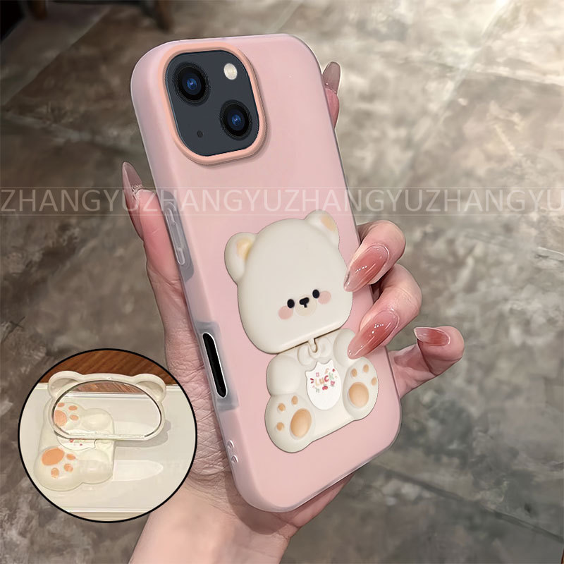 เหมาะสําหรับ iPhone 13 pro max 13 mini เคสโทรศัพท์ใหม่หมีวงเล็บกระจกกันกระแทกสองในหนึ่งเดียว softcas