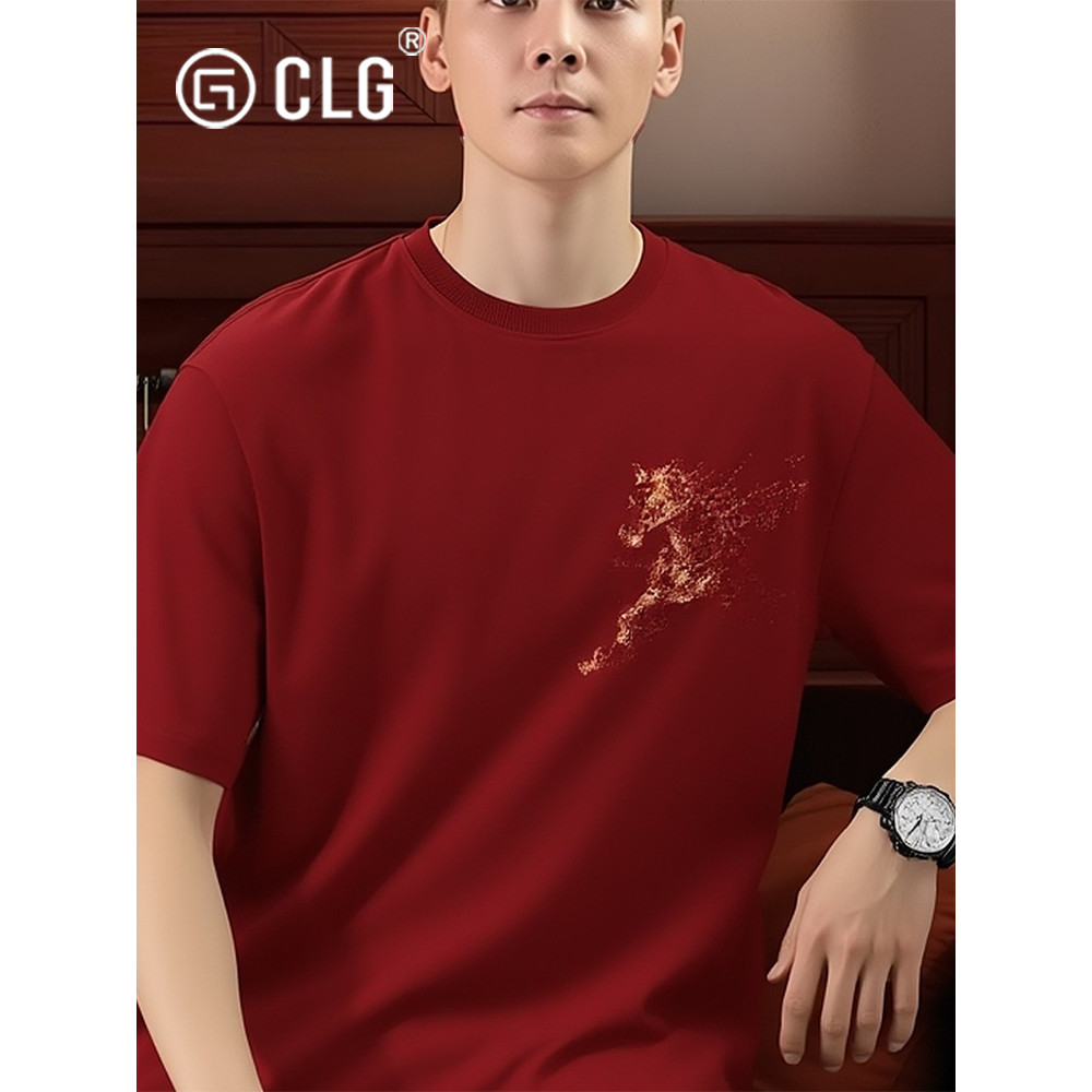 เสื้อยืดผ้าฝ้ายแท้ Hong Kong CLG Street Wear สไตล์ใหม่ สีแดง วงคอมีขอบ พิมพ์ลาย Benming แขนสั้น ใส่ส