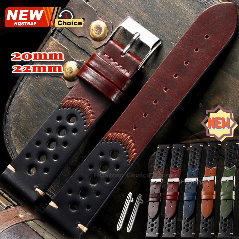 Oil Wax สายหนังแท้ 20 มม. 22 มม.Breathable Cowhide Strap Smartwatch Universal สายรัดข้อมือผู้หญิงผู้ชายสร้อยข้อมือกันน้ํา