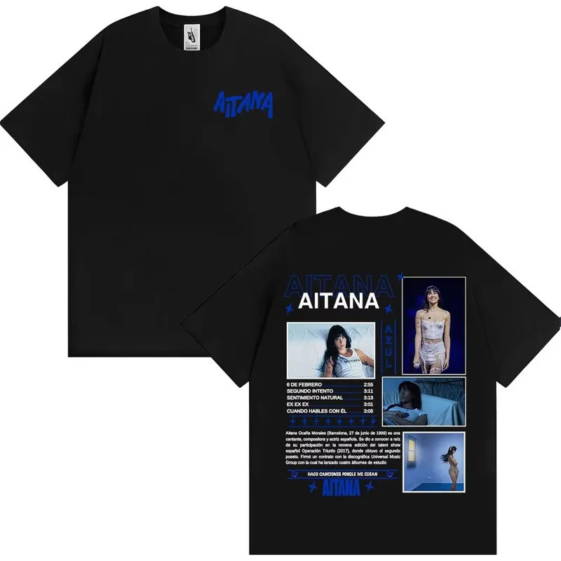 นักร้อง Aitana Cuarto Azul ปกอัลบั้มทัวร์ เสื้อยืดแฟชั่นผู้ชาย เสื้อยืดแนวสตรีท เสื้อยืดคอวีผ้าฝ้าย
