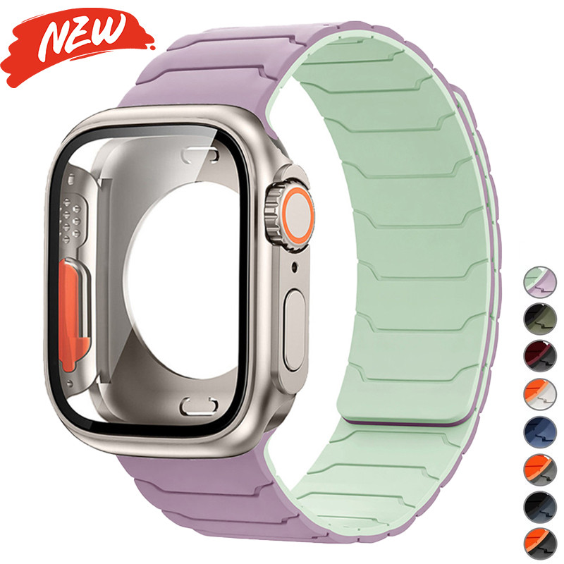 สายรัดแม่เหล็กซิลิโคน + เปลี่ยนฝาครอบ สําหรับ Apple Watch Series 11/10 9 8 7 6 SE 5 4 46 45 44 42 41 40 มม.