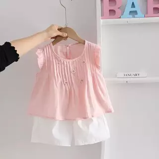 MooDeng Baby ชุดเสื้อผ้าเด็กหญิงแขนสั้น ชุดเช็ตเสื้อ+กางเกง สำหรับเด็กหญิงน่ารักๆ ผ้ายฝ้าย ใส่สะบาย พร้อมส่งจากไทย