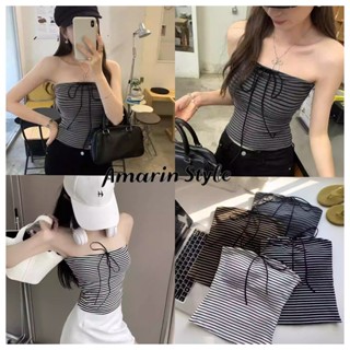 Amarin🌸พร้อมส่ง🌸 เสื้อครอปสไตล์เกาหลี ลายลูกไม้ติดโบว์ สีพาส…