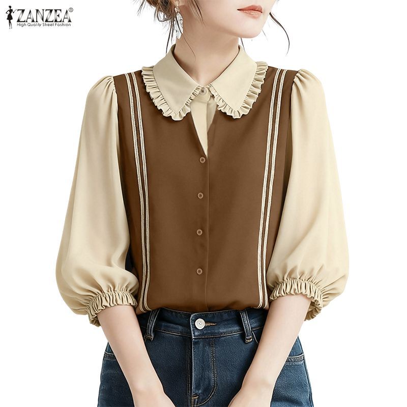 ZANZEA ชุดกระโปรงสไตล์เกาหลีสำหรับผู้หญิง ดีไซน์ตุ๊กตา แขนสั้น มีระบายและขอบข้อมือตัดกัน