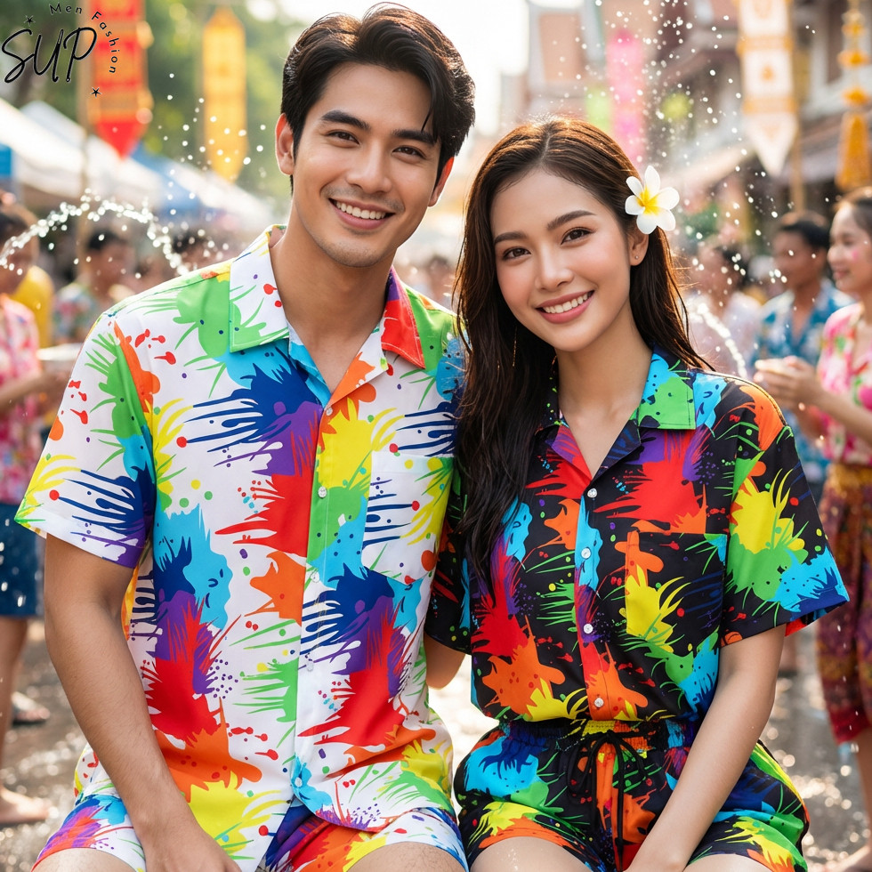 สงกรานต์ Songkran ชุดฮาวายแห้งเร็วสำหรับชายหาดและฤดูร้อน สีดำและสีขาว เหมาะสำหรับทั้งผู้ชายและผู้หญิง ไซส์ใหญ่+