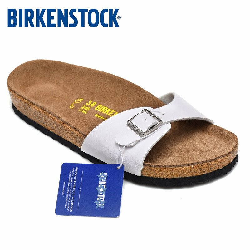 BIRKEN & STOCK เยอรมนีนําเข้ารองเท้าแตะไม้ก๊อกแบนรองเท้าแตะลําลองสบายหนังแท้รองเท้าแตะ Madrid Series (34-41)