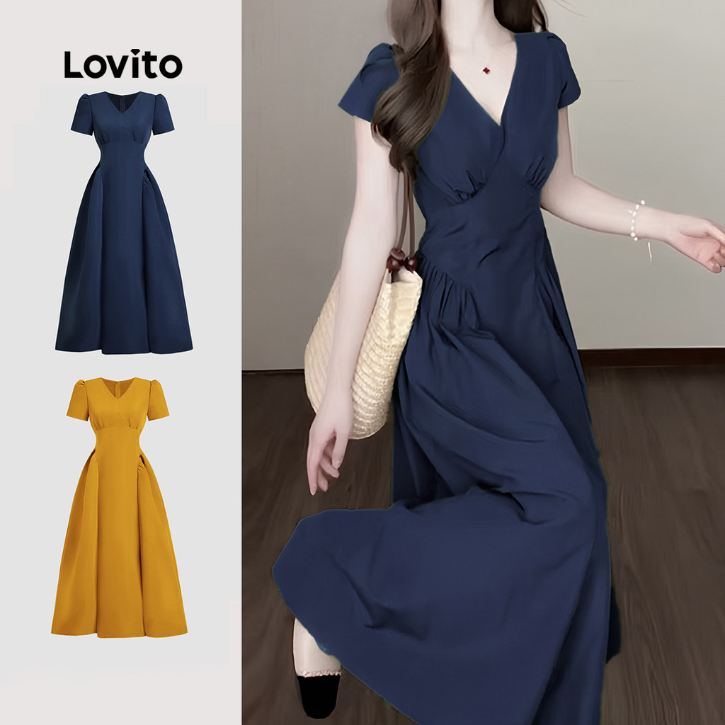 Lovito สง่างาม ชุดเดรส ผ้าเนื้อละเอียด ทรงเข้ารูป เดรสสีน้ำเงินกรมท่า สำหรับผู้หญิง ประจำฤดูใบไม้ผลิ/ฤดูร้อน LBL26340