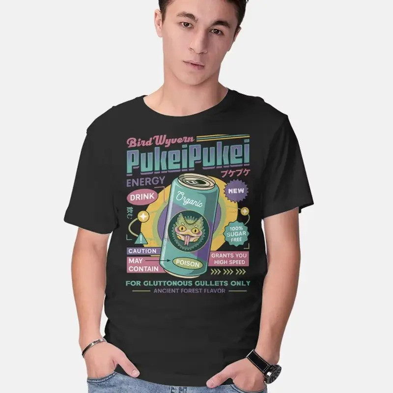 เสื้อยืดลายกราฟิกเกม Monster Hunter World ยุค 80s ของ Pukei Pukei Energy Drink ขนาดใหญ่ S-6XL