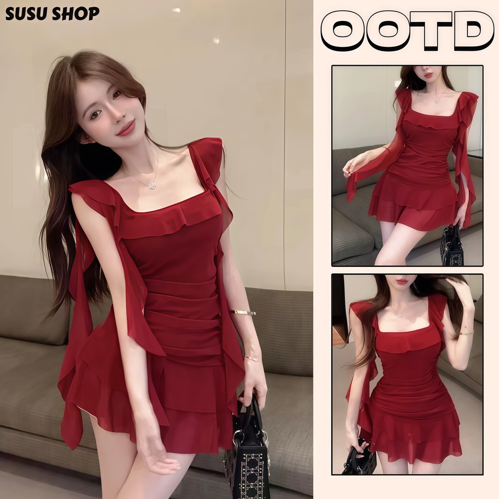 SuSu ชุดเดรสสายเดี่ยวผู้หญิงสีแดง ท่อนสั้น เนื้อผ้าเนียนลื่น ดีไซน์เข้ารูป สวมใส่สบายและดูสง่างาม "FY2651"