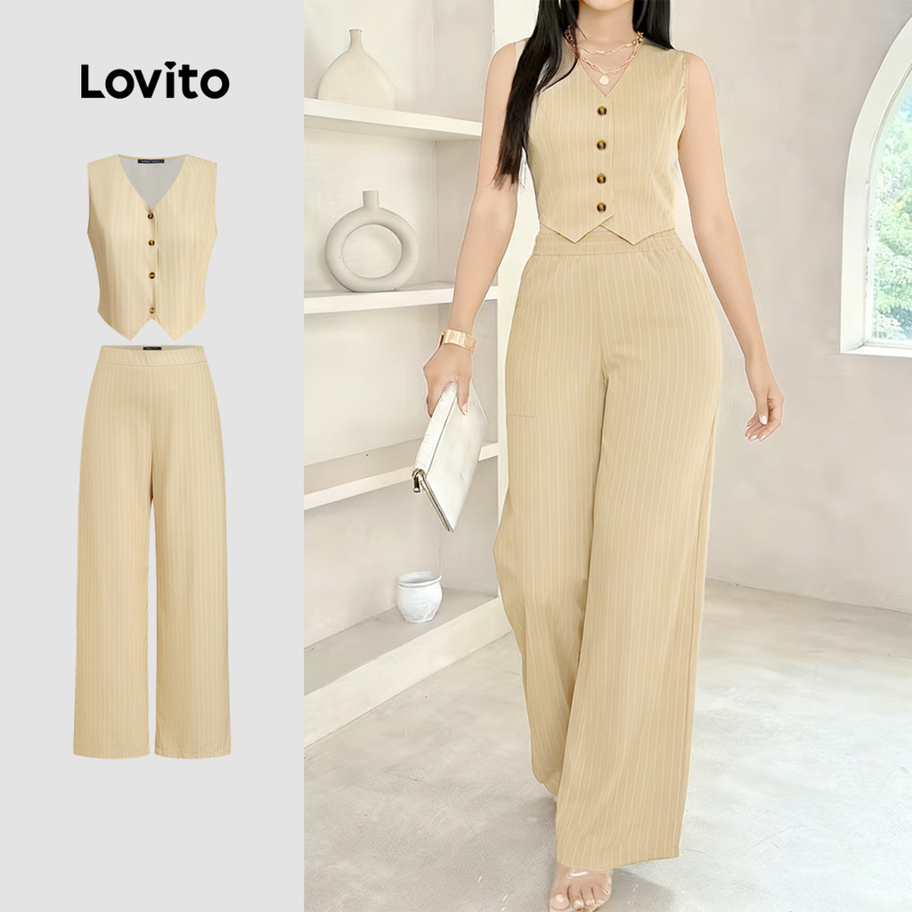 Lovito  เสื้อหรือกางเกงท่อนบนแยกด้านหน้าสุดหรูสําหรับการเดินทาง กางเกงสีกากีฤดูใบไม้ผลิ/ฤดูร้อนสําหรับผู้หญิง L171ED509
