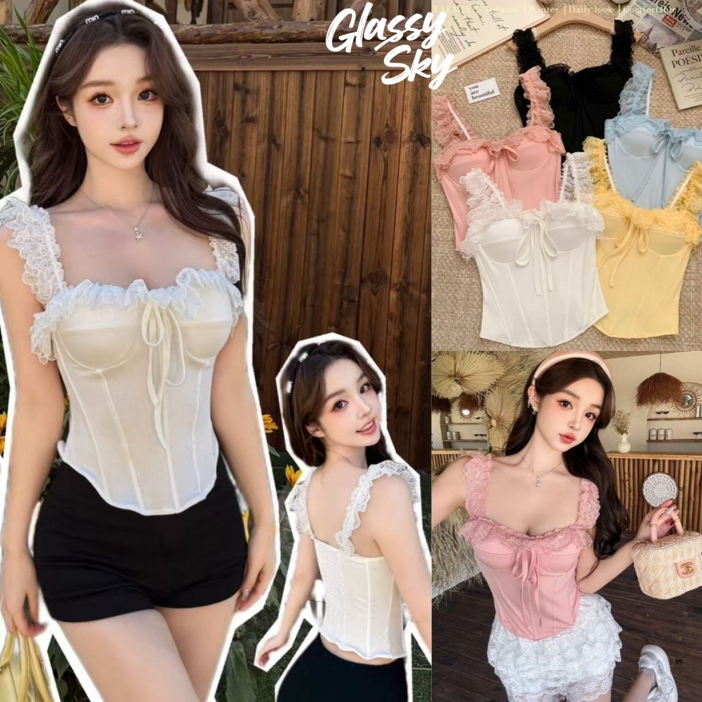 Glassy Sky😜พร้อมส่ง  เสื้อสายเดี่ยว ดีเทลลูกไม้แต่งเชือก ทรงคอร์เซ็ท เข้ารูป มีฟองน้ำ สีพาสเทล เสื้อแฟชั่น(FY7016)