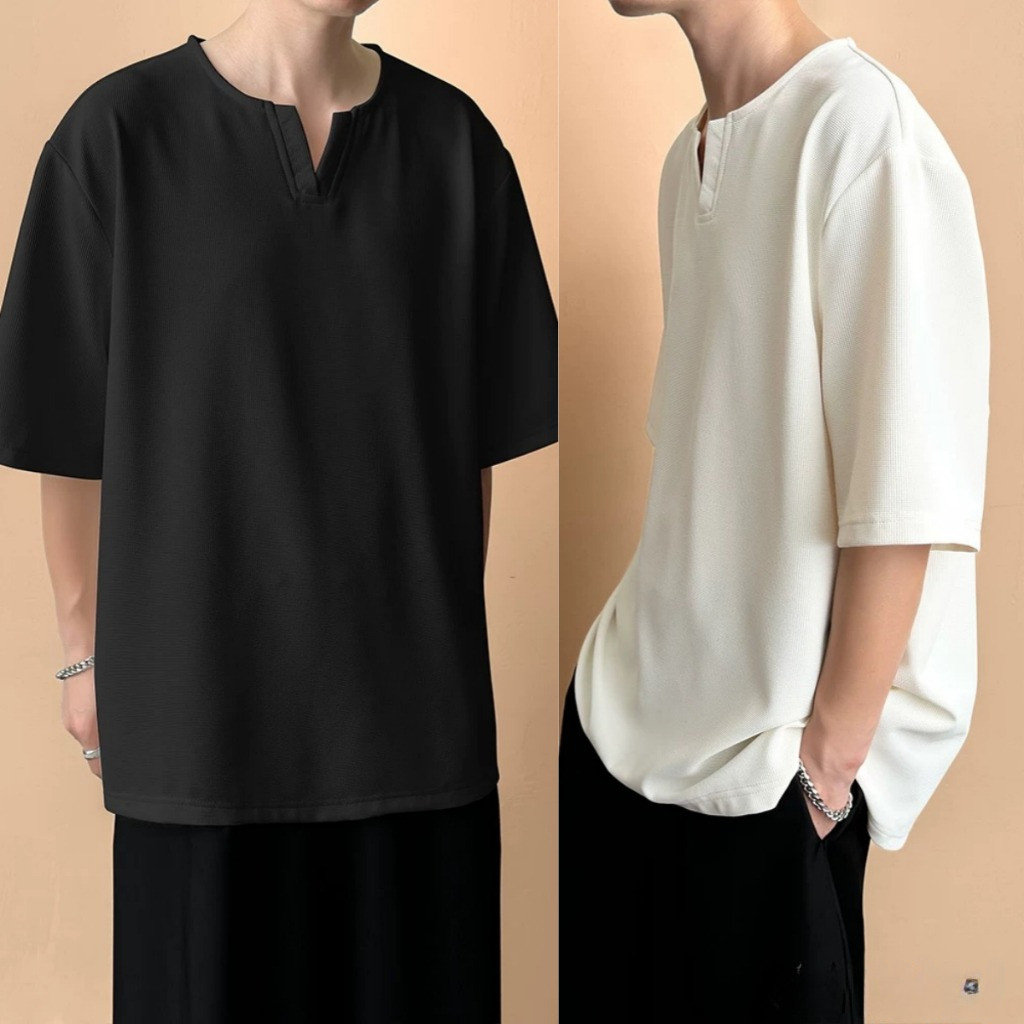 Chaistyle วินเทจ สีทึบ แขนสั้นคอวี เสื้อยืดฤดูร้อนสำหรับผู้ชาย วาฟเฟิล หลวม ครึ่งแขน