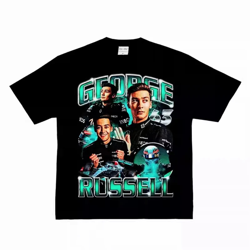 สำหรับผู้ชายและผู้หญิง เสื้อยืด George Russell Racing Star สไตล์เรโทร สปอร์ต สตรีทแวร์ ผ้าฝ้ายพรีเมียม แขนสั้น คอกลม ทรง