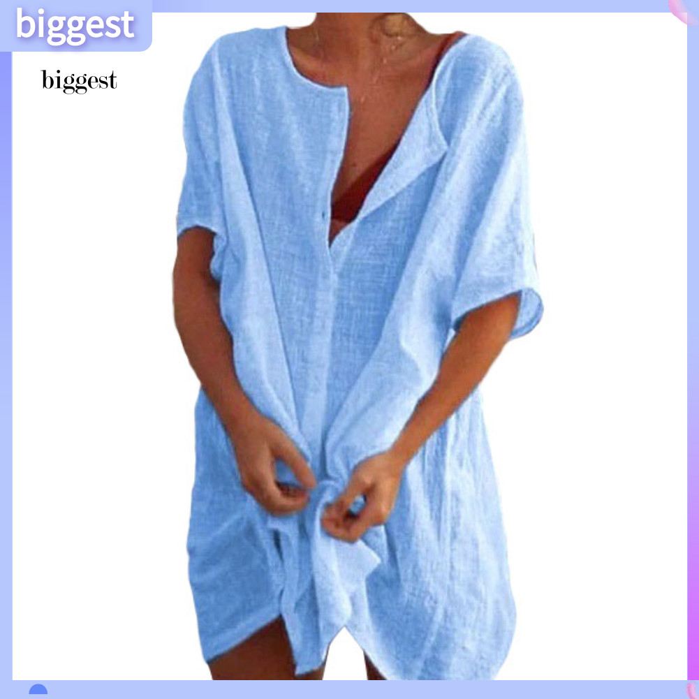 BGT พลัสขนาดผู้หญิงสีทึบแขนสั้น V คอปุ่มหลวมเสื้อมินิเดรส