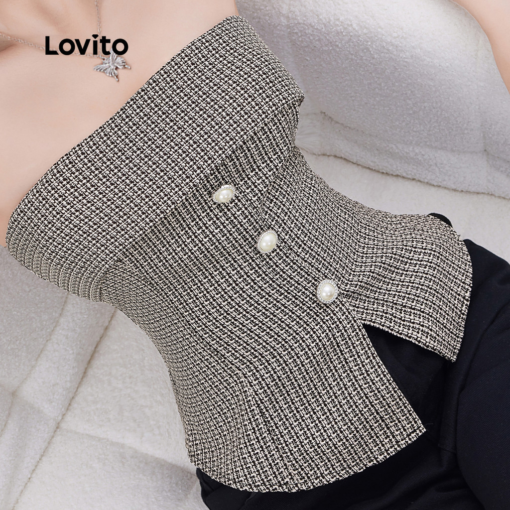 Lovito เสื้อแขนกุดผู้หญิง ลายตารางกิงแฮม มีกระดุมหน้า สไตล์ลำลอง L105MD421