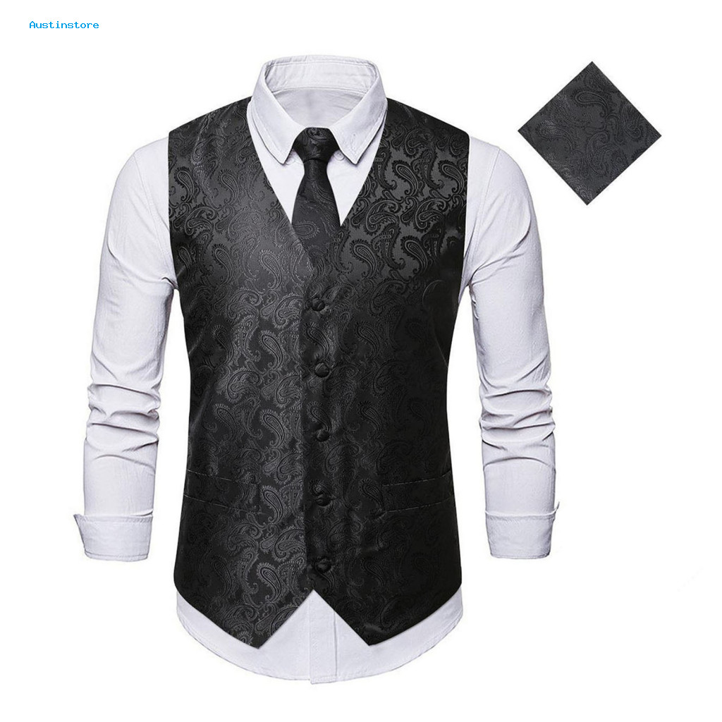 Sunflower Motif Suit Vest Men Suit Vest Set Mens Business Suit Vest with Tie และผ้าเช็ดหน้า V คอแขนก