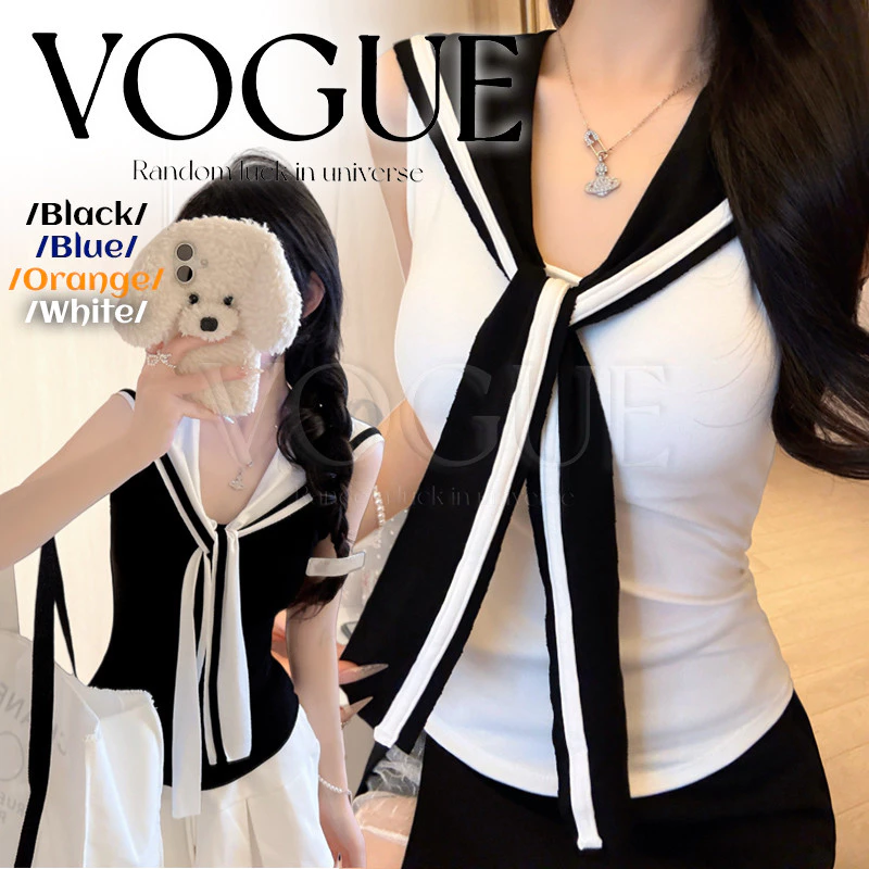 Vogue🌟พร้อมส่ง🌟 เสื้อแขนกุดคอปก แต่งเน็กไท ตัดกับสรเสื้อ ดีเทลเก๋ๆ ยืดตามตัว (FY10181)