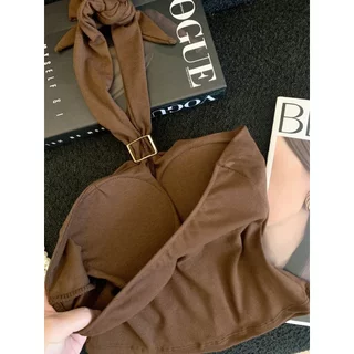 HOT 'พร้อมส่ง' เสื้อคล้องคอแบบผูก สไตล์จับจีบ ดีเทลจี้โลหะ เพิ่มความหรู มีบราในตัว FY10168