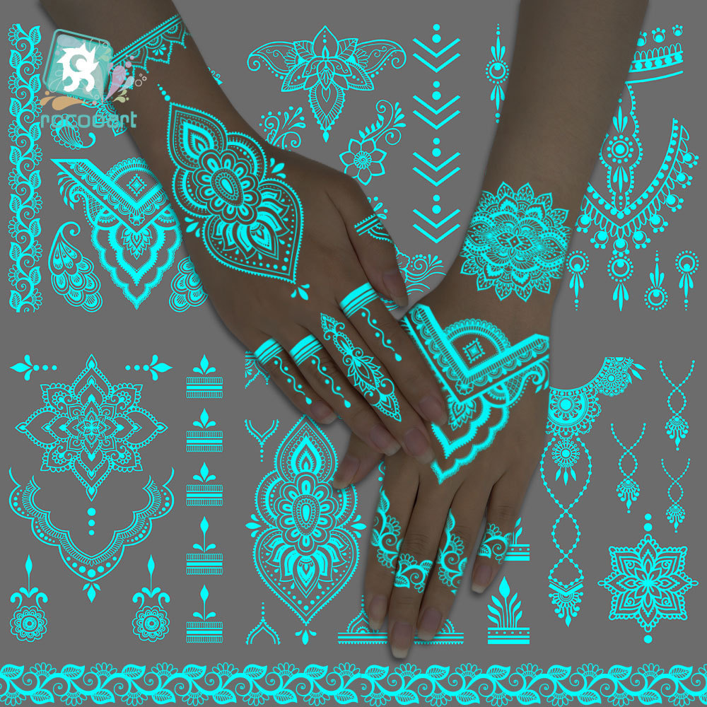 Ricaron Henna White Luminous Tattoo สติกเกอร์สำหรับหน้าและแขน แบบล็อก