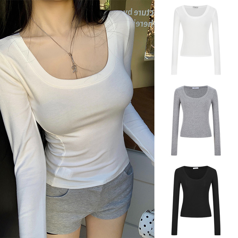 <Moses Queen> เสื้อยืดแขนยาวคอเหลี่ยมสำหรับผู้หญิง ทรงเข้ารูปและใส่แล้วดูดี เหมาะสำหรับฤดูใบไม้ผลิ