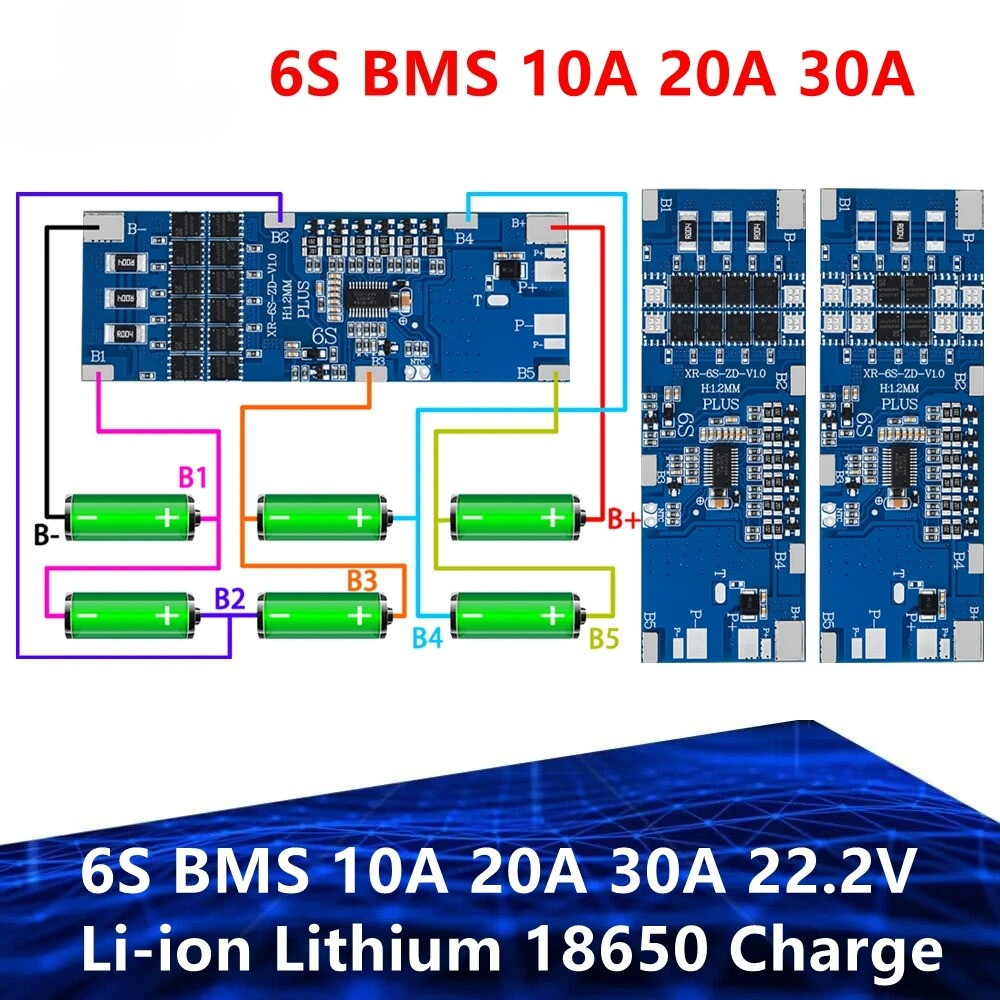6S BMS 10A 20A 30A 22.2V Li-ion ลิเธียม 18650 บอร์ดป้องกันการชาร์จพร้อมการป้องกันการควบคุมแบบสัมผัส