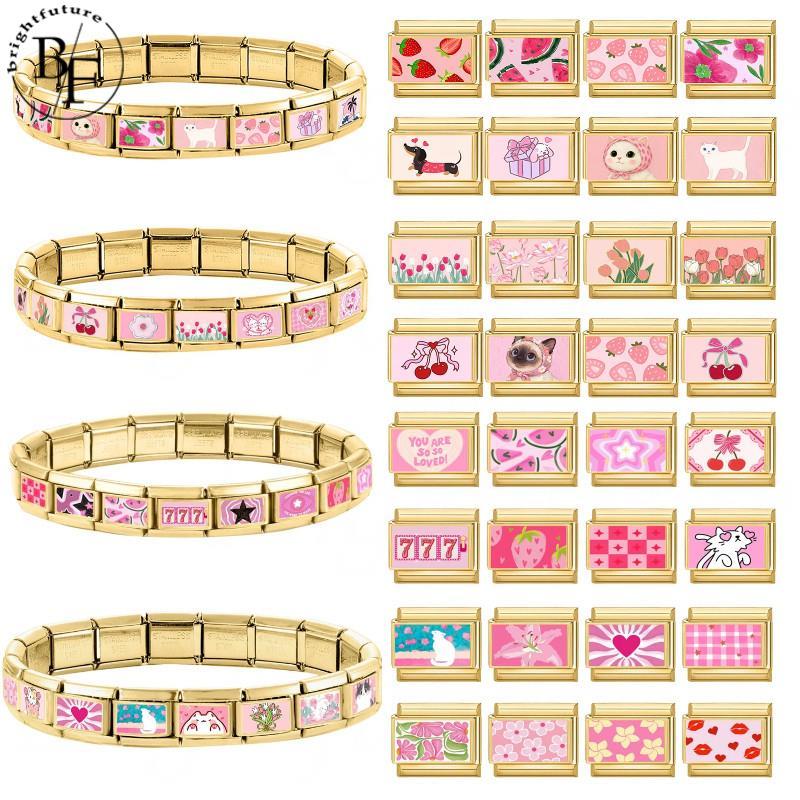 สร้อยข้อมือสไตล์อิตาลี DIY สแตนเลส ขนาด 9 มม. กับส่วนผสมของลายพิมพ์สีชมพูกับฐานสีทอง และอุปกรณ์แบบย้อนยุค