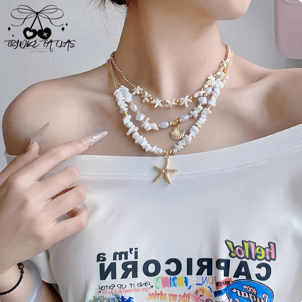 🥥🪸 สร้อยเปลือกหอยธรรมชาติ  สไตล์ทะเล  จี้ปลาดาว  การออกแบบหลายชั้น  สไตล์เรโทร   มีหลายสไตล์ให้เลือก