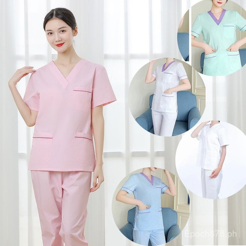 V คอชื่อฟรีชุดขัดชุดแพทย์สําหรับผู้หญิงแขนสั้นครบชุดพยาบาลชุดโรงพยาบาลชุดผ่าตัดผ้าฝ้าย UJEV 3F4S