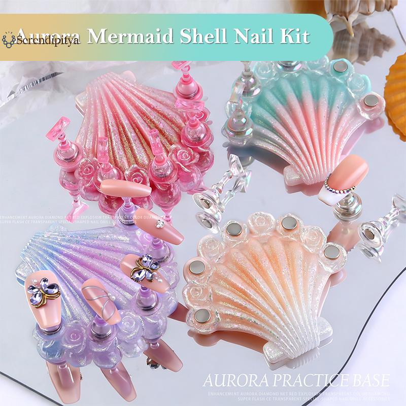 SEE 1 ชุด Mermaid Shells เลเซอร์ Aurora สอดใส่น้ําแข็งแม่เหล็กเล็บผู้ถือเคล็ดลับปลอมฝึกขาตั้งเล็บจอแ