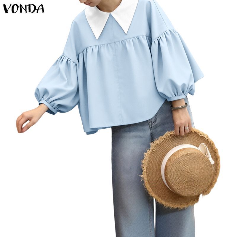 VONDA ดRESS สไตล์เกาหลี พวงพลาสูทพัฟแขนสีตัดกัน ทรงคลายตุ๊กตา ใส่สบาย