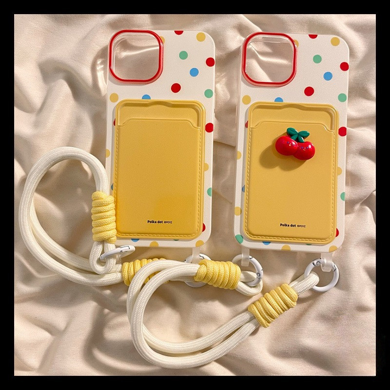 พร้อมส่ง เคสสำหรับไอโฟน13 ลายจุดสีเหลือง เคสช่องใส่การ์ด สายข้อมือ For iPhone17 16 11 12 13PROMAX 14 15PLUS 7/8 SE2 XSXR