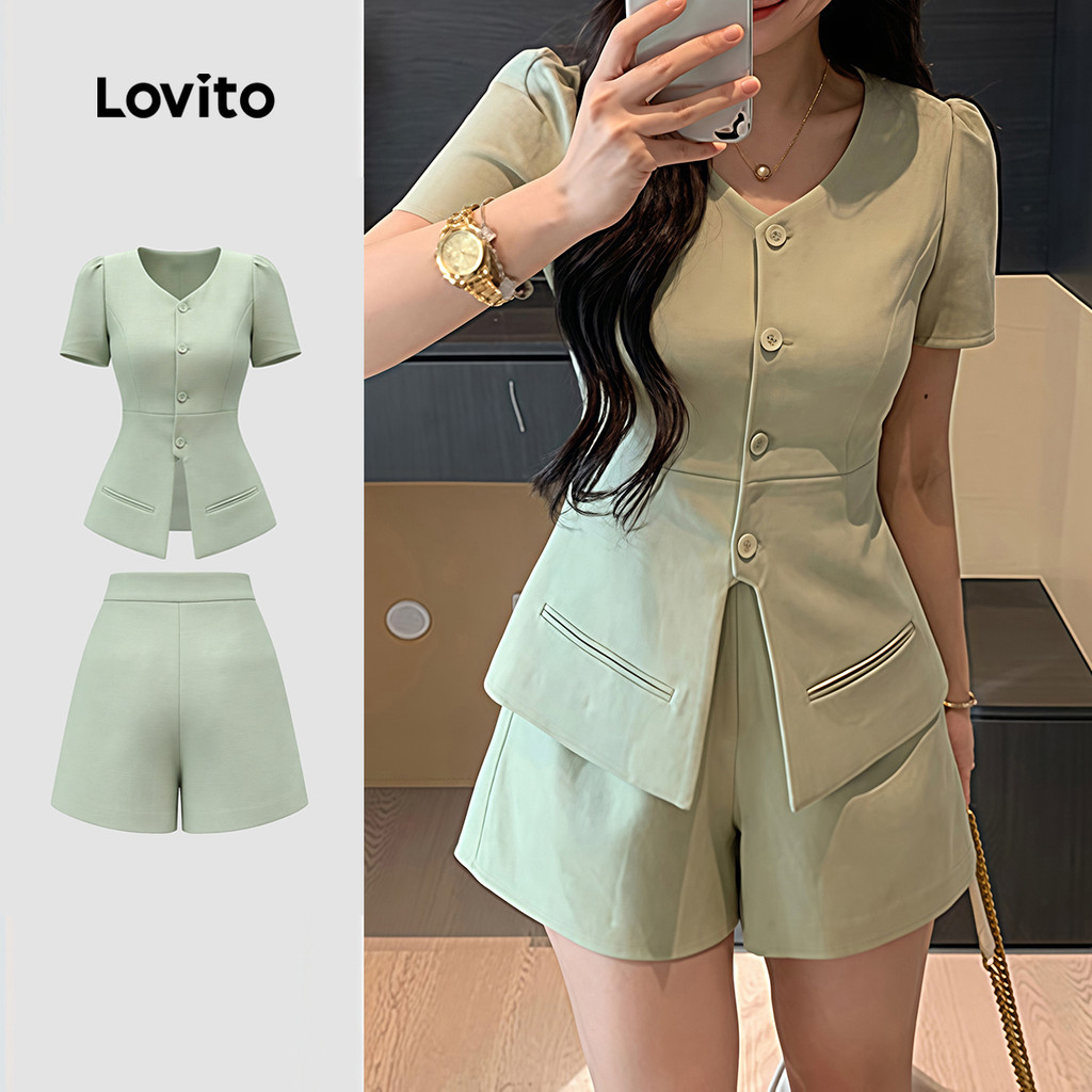 (NEW) Lovito  เสื้อหรือกางเกงผู้หญิงสีเขียวทรงเรียบหรู สําหรับฤดูใบไม้ผลิ/ฤดูร้อน แบบติดกระดุมด้านหน้า กระเป๋าปลอม LK4ED868