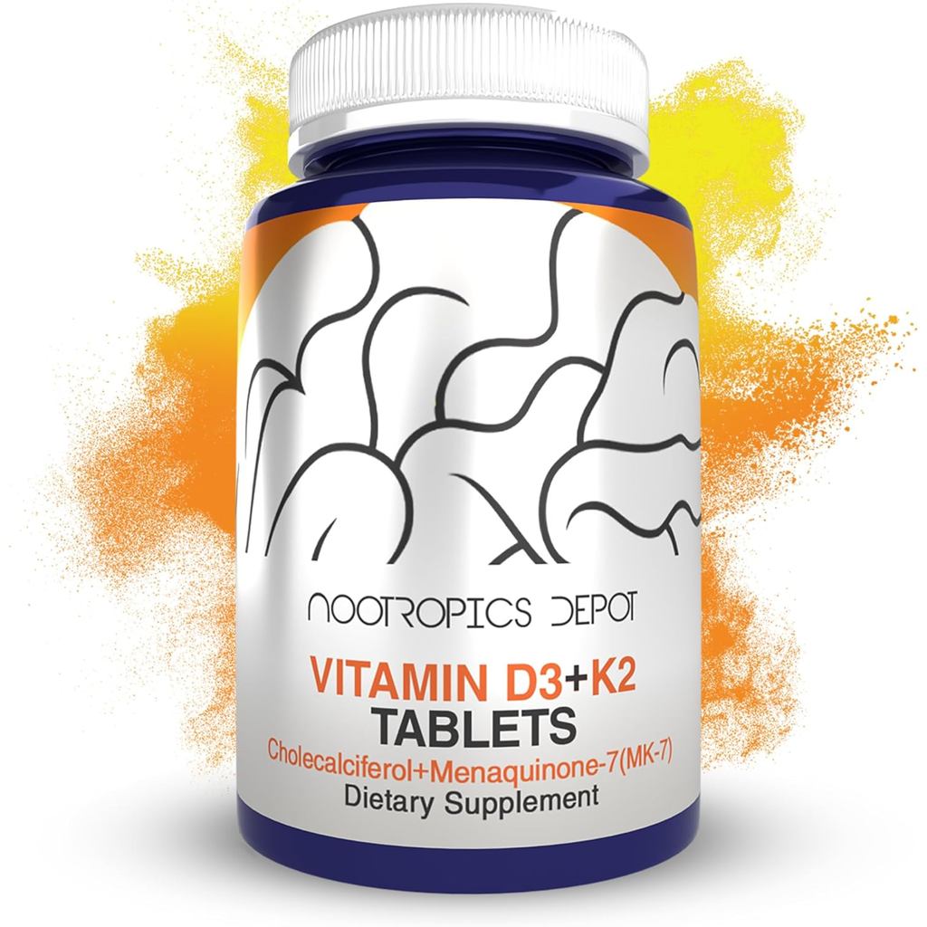 Nootropics Depot Vitamin D3 + K2 with Vitamin C Tablets | 365 Count | 125μg | Equivalent to 5000 IU 