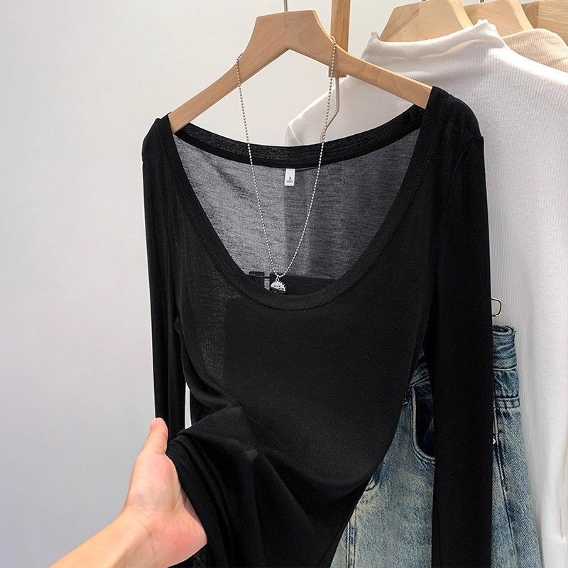 Cod แขนยาวสไตล์ใหม่ Big u เสื้อผู้หญิงสาวร้อน Bottoming Neckline สีขาวโปร่งใสแฟชั่นหน้ากากหลวมเสื้อค