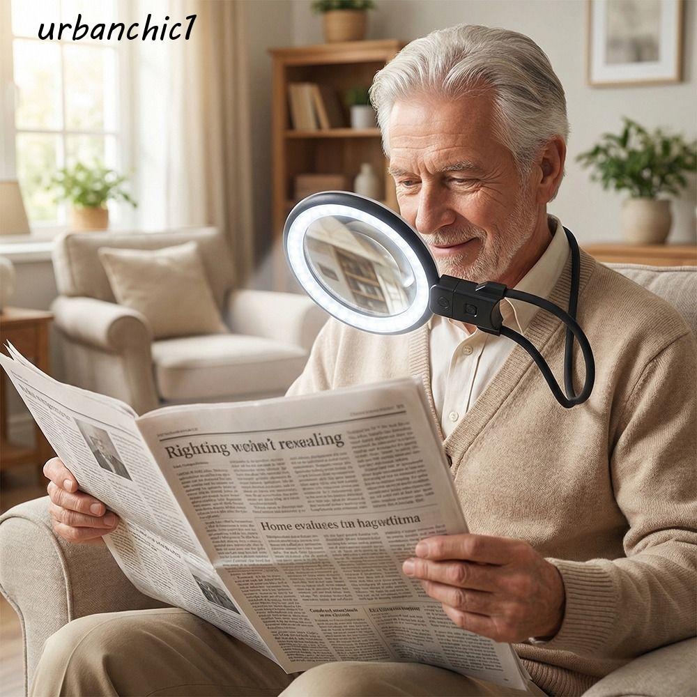 URBANCHIC คอสวมแว่นขยาย,ชาร์จ 36 LED อ่านแว่นขยาย,ปรับแสง USB-C Power ยืดหยุ่นมือถือขยายแก้วสําหรับต