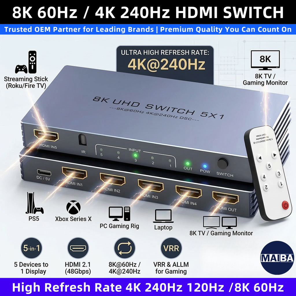 8K HDMI 2.1 Switch 5 In 1 Out | 4K 240Hz 120Hz อัตรารีเฟรชสูง HDMI Splitter 48Gbps พร้อมรีโมท IR สําหรับ PS5 Xbox PC