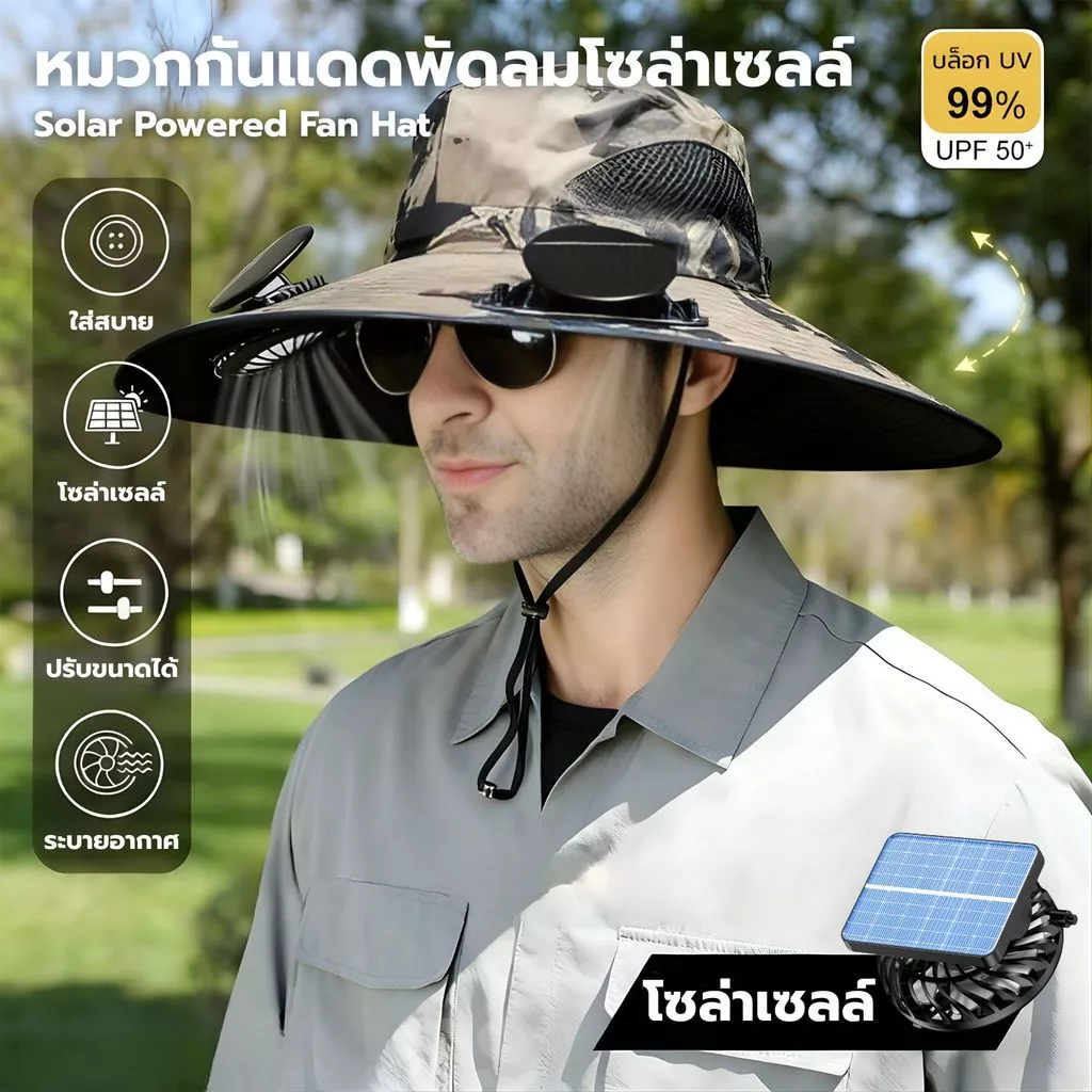 หมวกพัดลม ระบบโซล่าเซลล์ แรงลม 3 ระดับ ชาร์จไฟได้ ใช้สำหรับเดินป่า หมวกตกปลา Solar cell fan hat fashion
