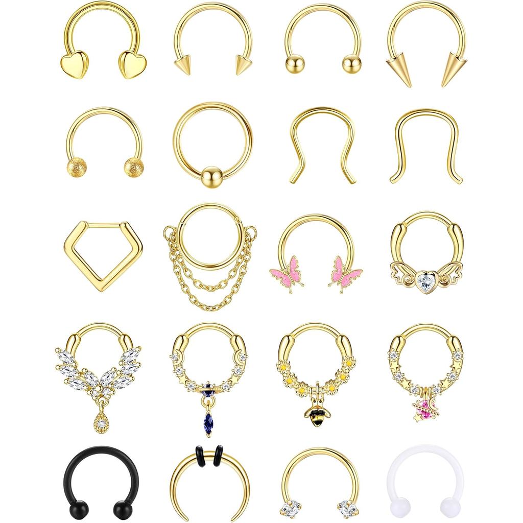 BESTEEL 20 ชิ้นทอง Septum แหวน 16 กรัมขนาดเล็ก Septum เครื่องประดับเหล็กผ่าตัด Septum Clicker Dangle