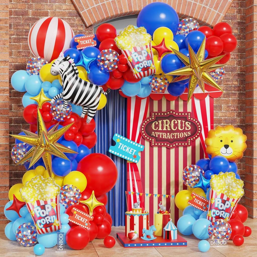Carnival Circus Balloon Arch Kit,146 ชิ้นสีแดงสีเหลืองสีฟ้าบอลลูน Garland 4D แดงขาวแถบ,Popcorn,Zebra,Lion,ระเบิด Star ฟอยล์บอลลูนสําหรับวันเกิด Carnival Circus Theme